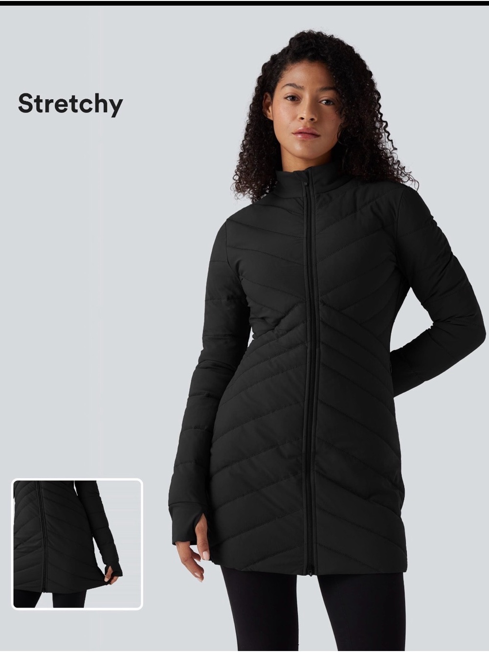 NWT Halara Black Long Quilted Puffer Jacket M Thumbholes Fitted Athletic Coat